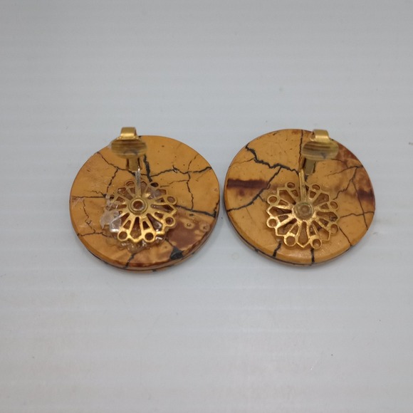 Vintage Vogue JLRY Clip Earrings Wooden Faux Marble Look Disc 1.25" Signed - Picture 8 of 9